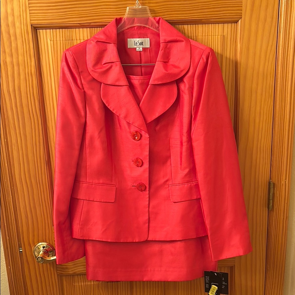 Le Suit Vibrant Red Blazer and Skirt Ensemble